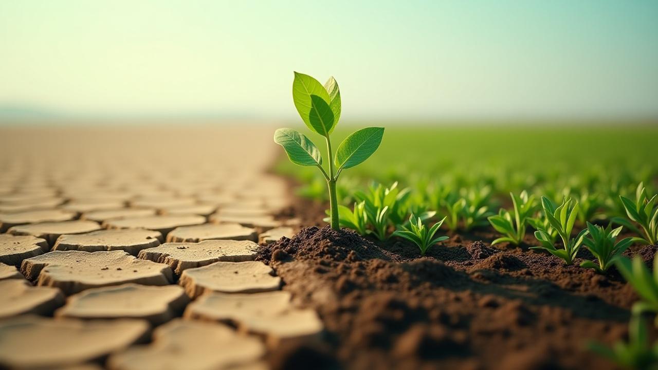 Құрғап қалған жер мен жасыл өскіннің контрасты – климаттық өзгерістерді бейнелеу